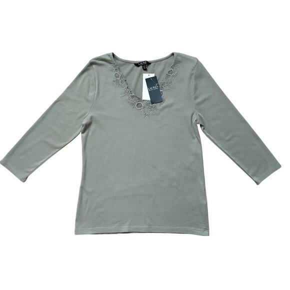 Lauren Ralph Lauren Women's Sz L Lace-Trim V-neck Stretch Cotton Top Green NWT - Picture 11 of 11